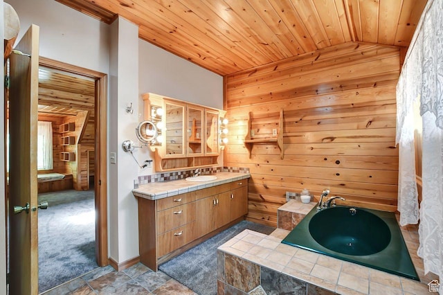 11996 S 3600 W, Riverton, UT 84065 - full bathroom featuring a garden tub, lofted ceiling, wood walls, vanity, and wooden ceiling