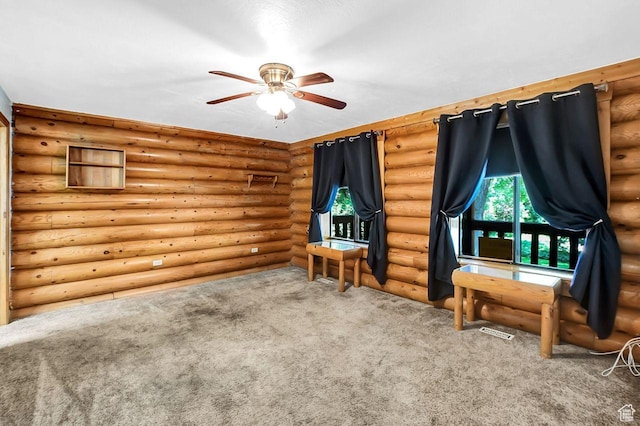 11996 S 3600 W, Riverton, UT 84065 - interior space featuring ceiling fan, rustic walls, carpet flooring, and visible vents