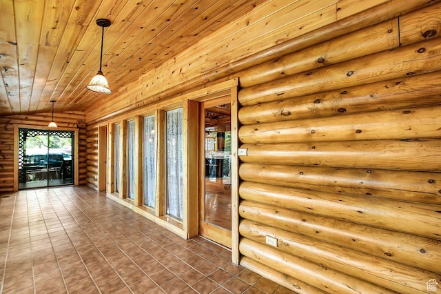 11996 S 3600 W, Riverton, UT 84065 - corridor with lofted ceiling, wood ceiling, rustic walls, and tile patterned floors