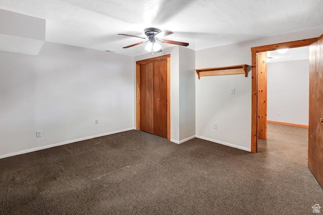 11996 S 3600 W, Riverton, UT 84065 - unfurnished bedroom featuring ceiling fan, baseboards, dark colored carpet, and a closet