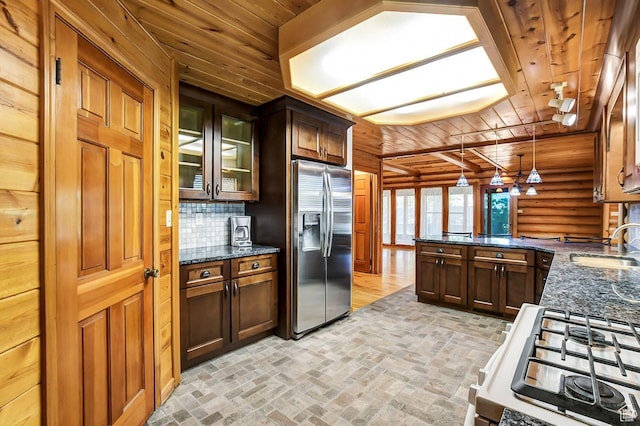 11996 S 3600 W, Riverton, UT 84065 - kitchen with a peninsula, a sink, wood ceiling, backsplash, and stainless steel fridge with ice dispenser
