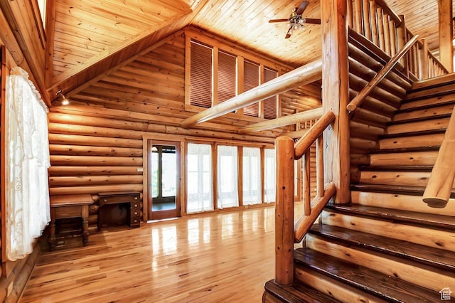 11996 S 3600 W, Riverton, UT 84065 - interior space featuring high vaulted ceiling, a ceiling fan, wood ceiling, and wood finished floors