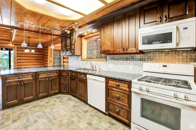 11996 S 3600 W, Riverton, UT 84065 - kitchen featuring wooden ceiling, a sink, dark stone countertops, white appliances, and a peninsula
