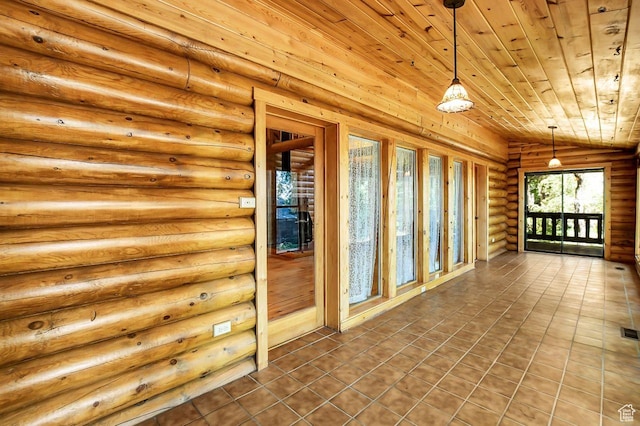 11996 S 3600 W, Riverton, UT 84065 - corridor with lofted ceiling, visible vents, wooden ceiling, and log walls
