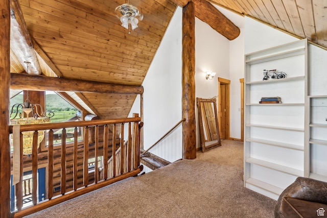 6690 N State Road 32, Peoa, UT 84061 - hall with an upstairs landing, beamed ceiling, wooden ceiling, and carpet floors