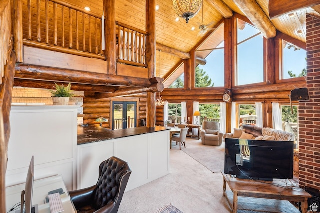 6690 N State Road 32, Peoa, UT 84061 - interior space featuring beam ceiling, carpet, wood ceiling, and high vaulted ceiling