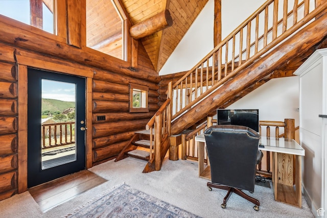 6690 N State Road 32, Peoa, UT 84061 - office area featuring wood ceiling, carpet flooring, and high vaulted ceiling