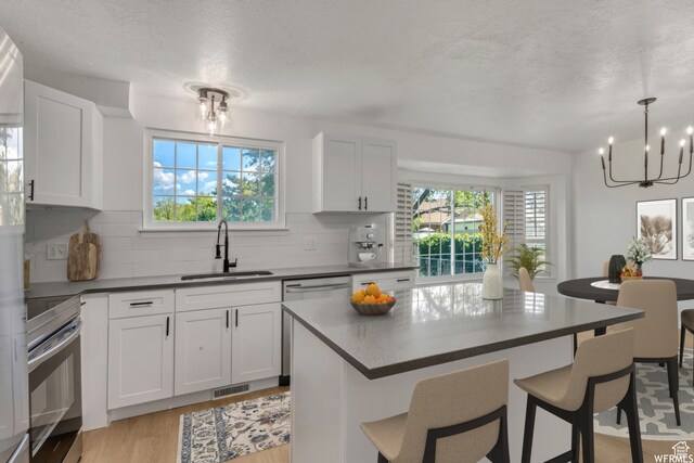 kitchen with a healthy amount of sunlight, light hardwood / wood-style flooring, tasteful backsplash, and sink