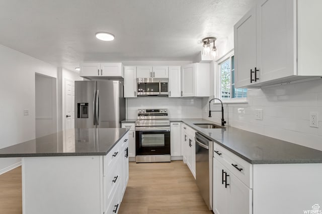 kitchen featuring white cabinetry, light wood-type flooring, backsplash, appliances with stainless steel finishes, and sink