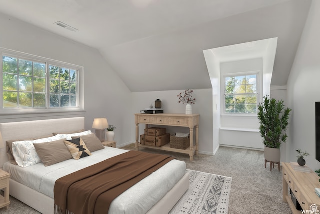 bedroom featuring carpet flooring and vaulted ceiling