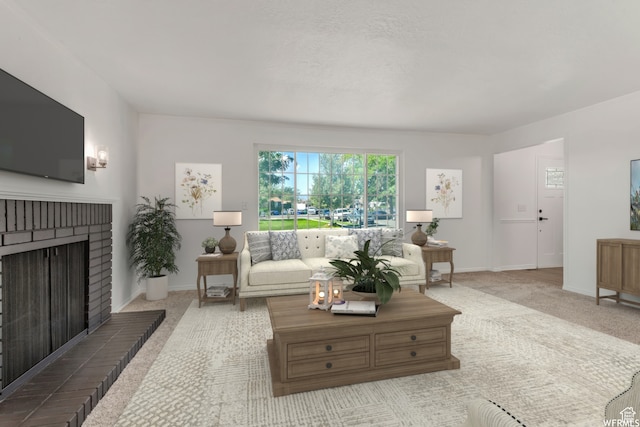 carpeted living room featuring a brick fireplace
