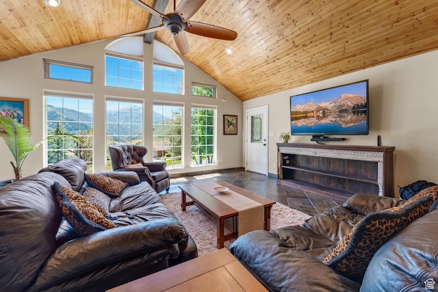 9065 Meadow Dr, Sundance, UT 84604 - living area featuring baseboards, wooden ceiling, high vaulted ceiling, and ceiling fan
