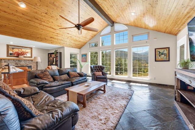 9065 Meadow Dr, Sundance, UT 84604 - living area featuring high vaulted ceiling, stone tile floors, a fireplace, wood ceiling, and ceiling fan