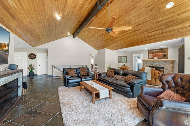 9065 Meadow Dr, Sundance, UT 84604 - living room with beamed ceiling, high vaulted ceiling, wooden ceiling, a fireplace, and ceiling fan