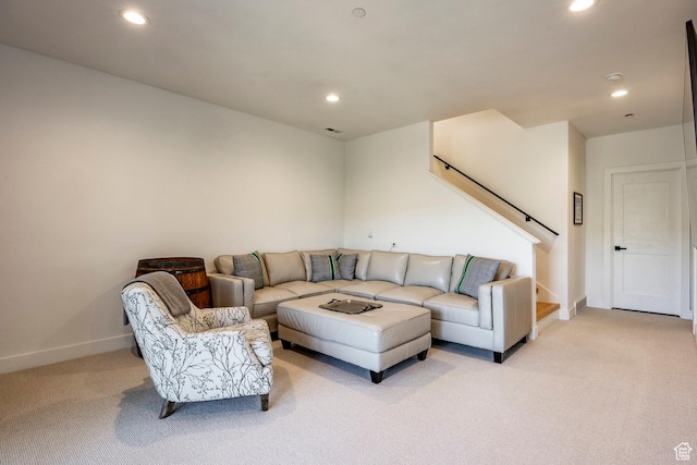 8389 N Pointe Dr, Park City, UT 84098 - living area featuring light carpet, baseboards, stairway, and recessed lighting