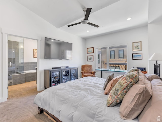 8257 N Sandalwood Ln, Park City, UT 84098 - carpeted bedroom featuring ceiling fan, lofted ceiling, and ensuite bathroom