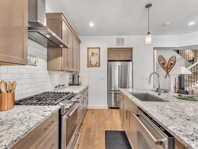 8257 N Sandalwood Ln, Park City, UT 84098 - kitchen with sink, wall chimney exhaust hood, light stone counters, pendant lighting, and high end appliances