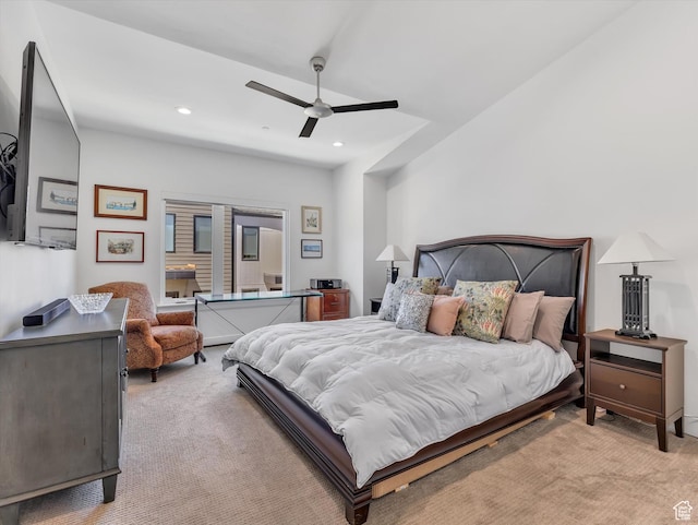 8257 N Sandalwood Ln, Park City, UT 84098 - bedroom with ceiling fan, light colored carpet, and vaulted ceiling