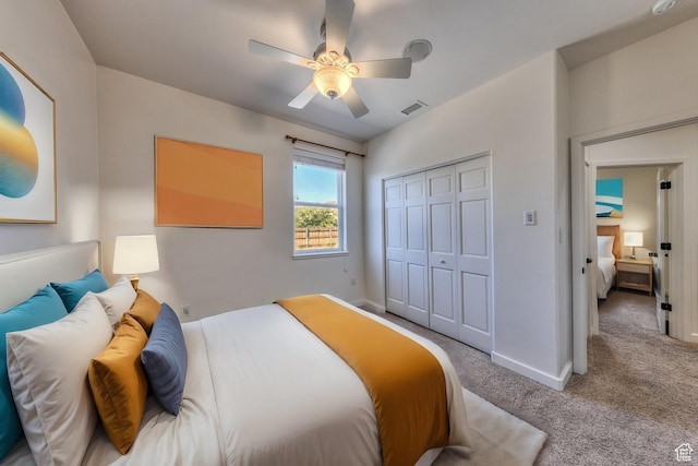4119 Valle Del Sol Dr, Moab, UT 84532 - bedroom with visible vents, baseboards, a closet, a ceiling fan, and carpet