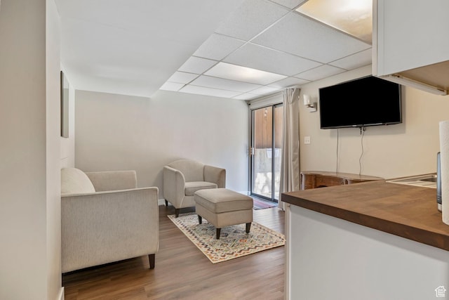 living room featuring a paneled ceiling and dark wood-type flooring