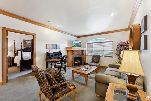 living room with light carpet and ornamental molding