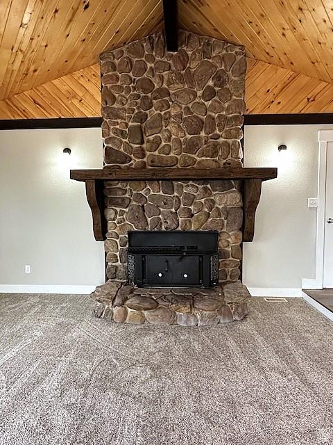 3715 W 11500 N, Neola, UT 84053 - room details with carpet flooring, a stone fireplace, and wood ceiling