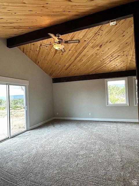 3715 W 11500 N, Neola, UT 84053 - additional living space featuring wood ceiling, carpet, vaulted ceiling with beams, and plenty of natural light