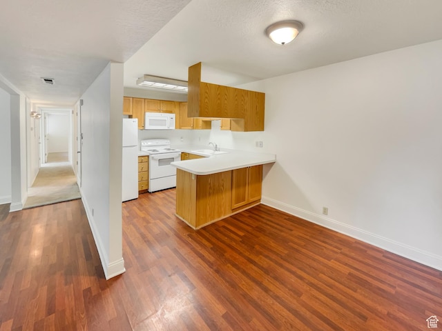 1227 Riverside Ave Unit 50, Provo, UT 84604 - kitchen featuring dark wood-type flooring, sink, a textured ceiling, kitchen peninsula, and white appliances