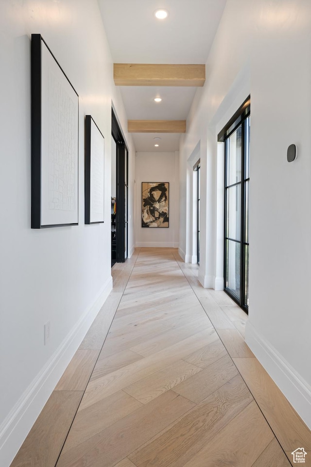 3905 S Quarry Ridge Dr, St George, UT 84790 - hallway with beam ceiling and light hardwood / wood-style flooring