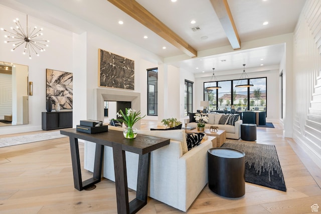 3905 S Quarry Ridge Dr, St George, UT 84790 - living room featuring beam ceiling, a notable chandelier, and light wood-type flooring