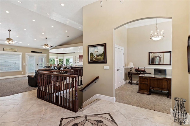 898 E 260 N, Hyde Park, UT 84318 - stairs featuring carpet, french doors, ceiling fan with notable chandelier, crown molding, and lofted ceiling