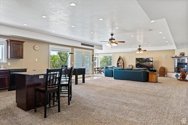 898 E 260 N, Hyde Park, UT 84318 - carpeted dining space with french doors, a textured ceiling, a tray ceiling, and ceiling fan