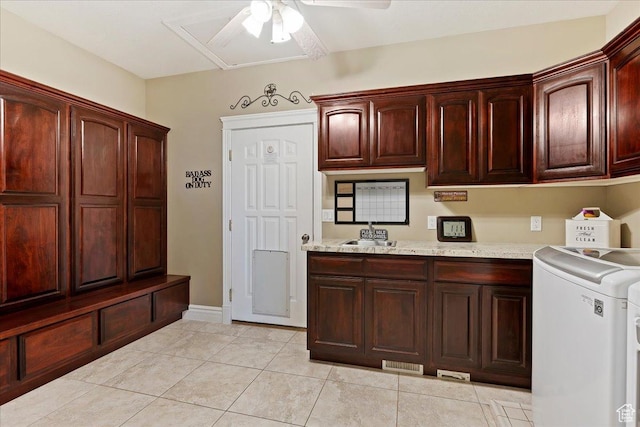 898 E 260 N, Hyde Park, UT 84318 - washroom with cabinets, ceiling fan, sink, light tile patterned floors, and washer / clothes dryer