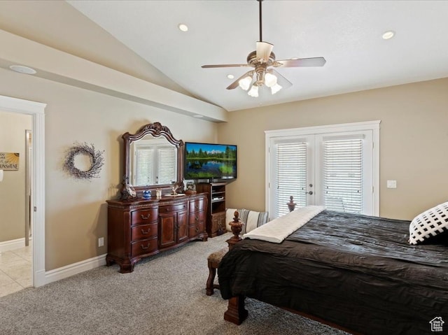 898 E 260 N, Hyde Park, UT 84318 - bedroom featuring ceiling fan, french doors, light colored carpet, and vaulted ceiling