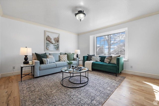 living area featuring ornamental molding, baseboards, and wood finished floors
