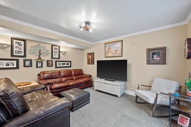 carpeted living room with a textured ceiling, crown molding, and baseboards