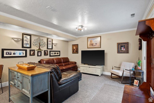 carpeted living room with ornamental molding, baseboards, visible vents, and a textured ceiling