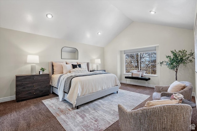 bedroom featuring lofted ceiling, recessed lighting, baseboards, and dark carpet