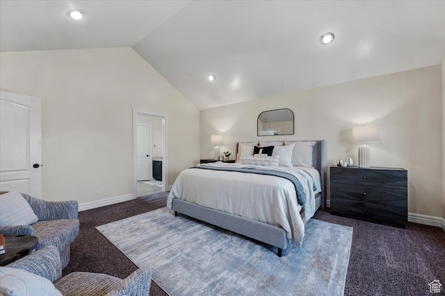 carpeted bedroom with recessed lighting, baseboards, and high vaulted ceiling