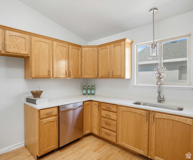 1662 E Ridgefield Rd, Spanish Fork, UT 84660 - kitchen with lofted ceiling, light wood-type flooring, sink, and stainless steel dishwasher