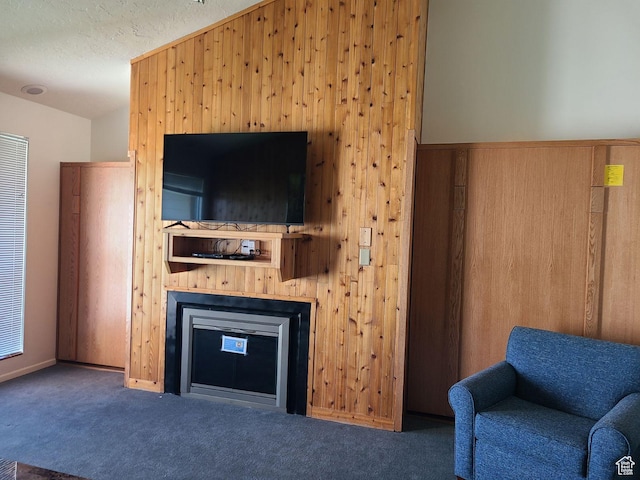 2176 S Bear Lake Blvd S Unit 452, Garden City, UT 84028 - living area with wooden walls, a fireplace, dark colored carpet, and a textured ceiling
