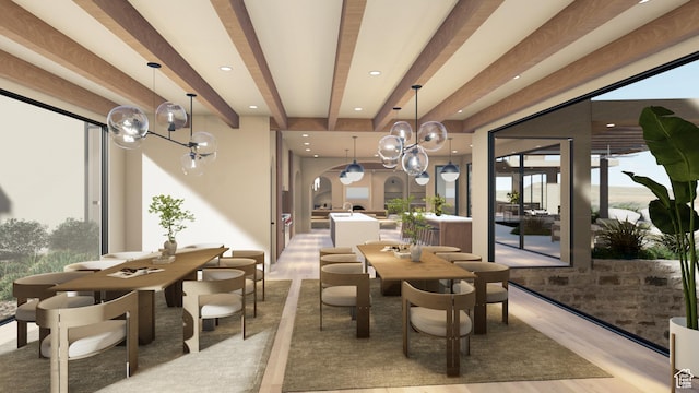 1272 N Hillside Way, Santa Clara, UT 84765 - dining room featuring a notable chandelier, beam ceiling, and light hardwood / wood-style flooring