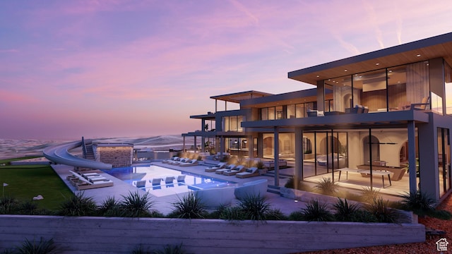 1272 N Hillside Way, Santa Clara, UT 84765 - pool at dusk featuring a water slide and a patio area