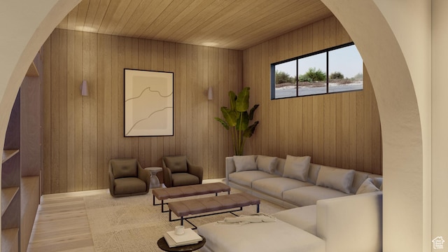 1272 N Hillside Way, Santa Clara, UT 84765 - living room featuring wood ceiling, wooden walls, and light hardwood / wood-style floors