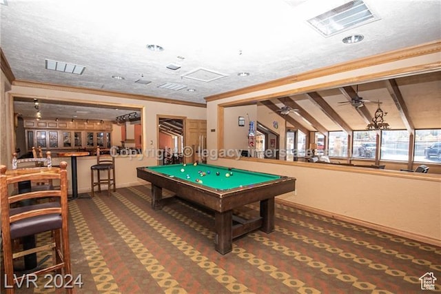 223 Hunter Ridge Rd Unit B303, Brian Head, UT 84719 - game room featuring dark colored carpet, ornamental molding, pool table, and ceiling fan