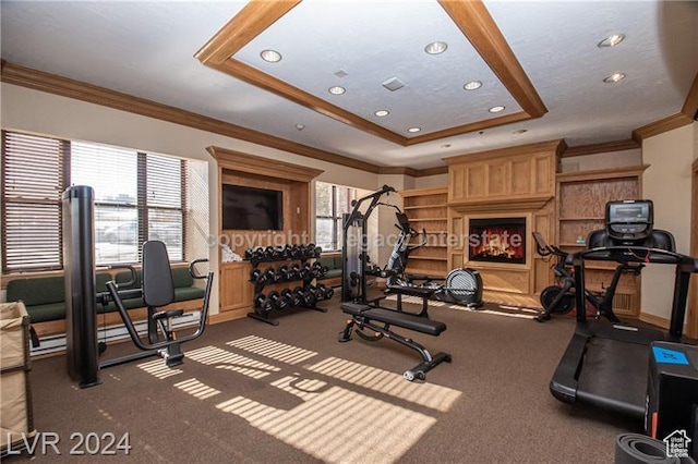 223 Hunter Ridge Rd Unit B303, Brian Head, UT 84719 - gym featuring a large fireplace, ornamental molding, and a raised ceiling