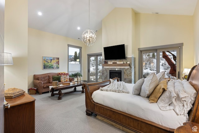 1310 Mellow Rd, Park City, UT 84060 - carpeted bedroom featuring high vaulted ceiling, a glass covered fireplace, a notable chandelier, and multiple windows