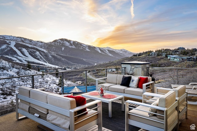 1310 Mellow Rd, Park City, UT 84060 - snow covered patio featuring a mountain view, an outdoor hangout area, and a balcony
