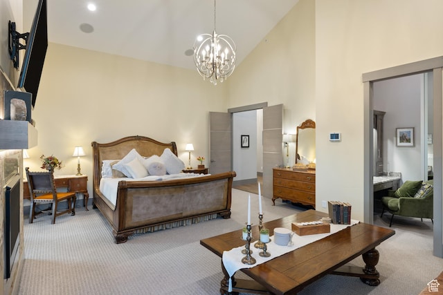 1310 Mellow Rd, Park City, UT 84060 - bedroom featuring high vaulted ceiling, carpet flooring, and a notable chandelier