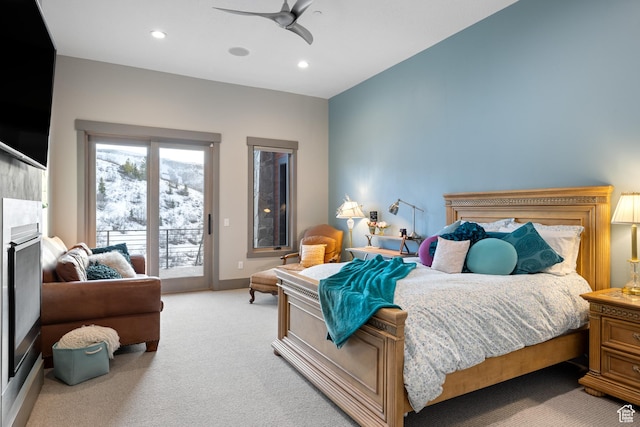 1310 Mellow Rd, Park City, UT 84060 - bedroom with baseboards, light carpet, recessed lighting, access to exterior, and ceiling fan